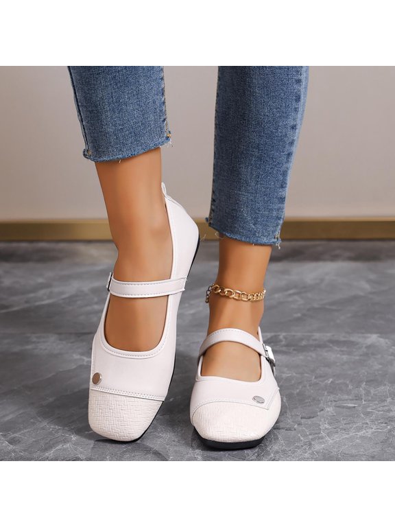 Women Mary Jane Flats, Square Toe Woven Patchwork Leather Shoes, Adjustable Buckle Strap Casual Ballet Flats