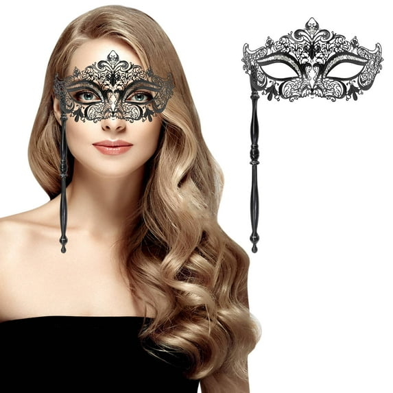 Women Masquerade Mask with Stick, Handheld Carnival Halloween Mardi Gras Mask,Venetian Party Metal Rhinestone Mask