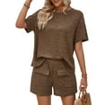 thumbnail image 1 of Women Matching Shorts Knitted Pockets Sets Fall Round Neck 2 Piece Set Summer Short Sleeve Lounge Sets Coffee Color M, 1 of 9