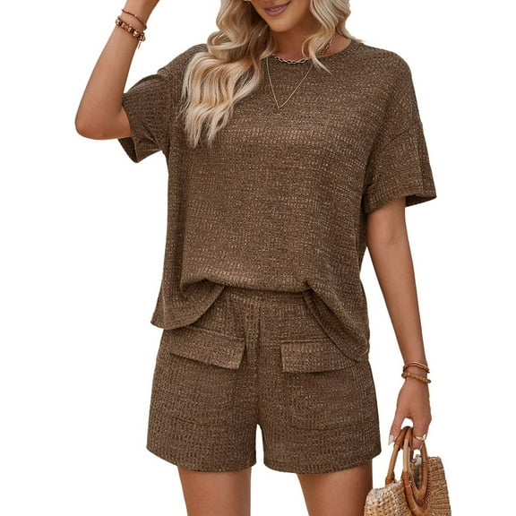 Women Matching Shorts Knitted Pockets Sets Fall Round Neck 2 Piece Set Summer Short Sleeve Lounge Sets Coffee Color M