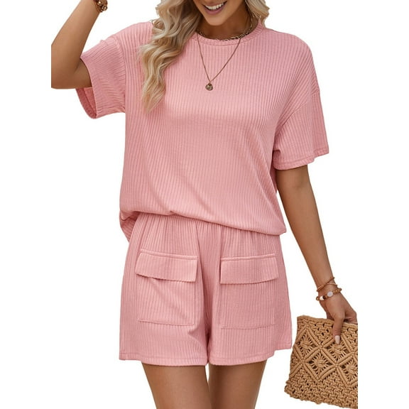 Women Matching Shorts Knitted Pockets Sets Fall Round Neck 2 Piece Set Summer Short Sleeve Lounge Sets Pink S