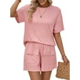 thumbnail image 1 of Women Matching Shorts Knitted Pockets Sets Fall Round Neck 2 Piece Set Summer Short Sleeve Lounge Sets Pink XL, 1 of 8