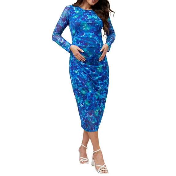 Women Maternity Dress Floral Mesh Ruched Side Bodycon Long Sleeve Pregnancy Dresses Wedding Guest 2XL Blue