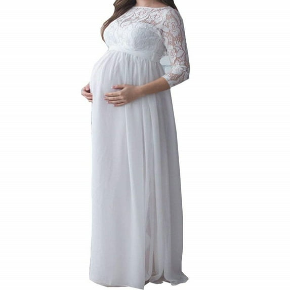 Women Maternity Dress Pregnant Long Sleeve Lace Floral Maxi Dress For Photography Wedding Party
