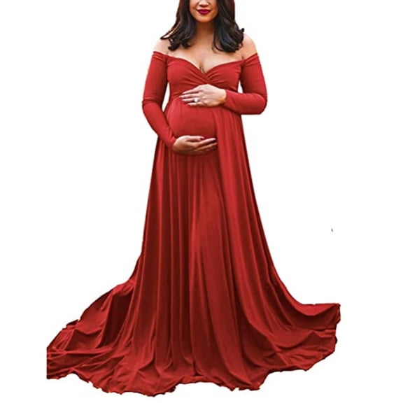 Women Maternity Dress Off Shoulder Long Sleeve Photography Pregnant Dress Solid Color Princess Dress Photo Props Dress Mama Sundress Casual Fashion Summer Clothes