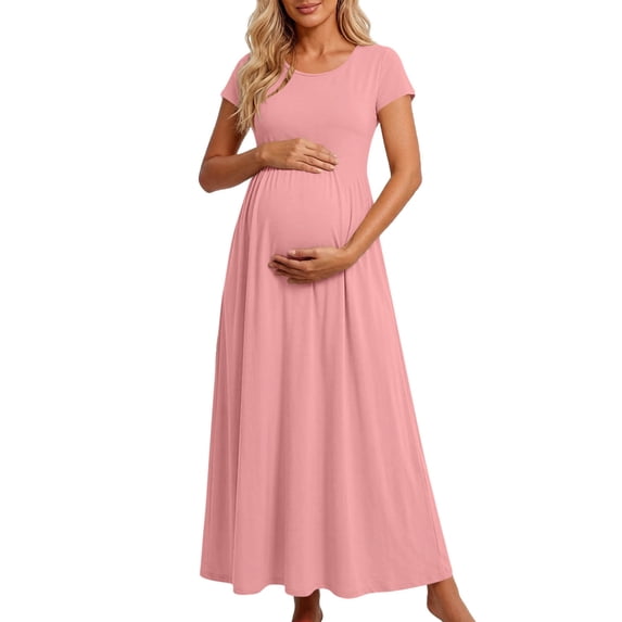 Women Maternity Dress Summer Short Sleeve Crewneck Stretch Fit Dresses Soft Breathable Pregnancy Flowy Long Dress Pink M