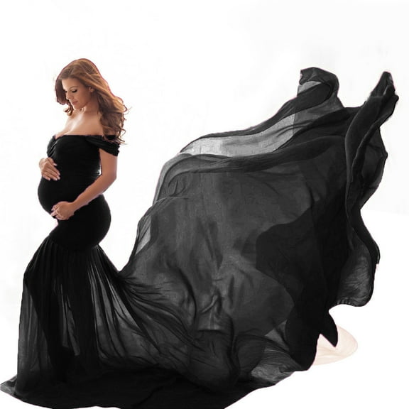 Women Maternity Dress for Photography Mermaid Off Shoulder Slim Fitted Chiffon Gown Pregnancy Baby Shower Maxi Photo Props Dresses Black one size