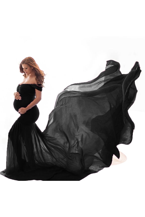 Women Maternity Dress for Photography Mermaid Off Shoulder Slim Fitted Chiffon Gown Pregnancy Baby Shower Maxi Photo Props Dresses Black one size