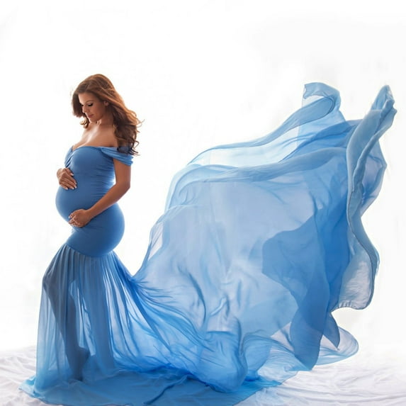 Women Maternity Dress for Photography Mermaid Off Shoulder Slim Fitted Chiffon Gown Pregnancy Baby Shower Maxi Photo Props Dresses Sky Blue one size