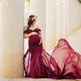thumbnail image 1 of Women Maternity Dress for Photography Mermaid Off Shoulder Slim Fitted Chiffon Gown Pregnancy Baby Shower Maxi Photo Props Dresses Wine one size, 1 of 3