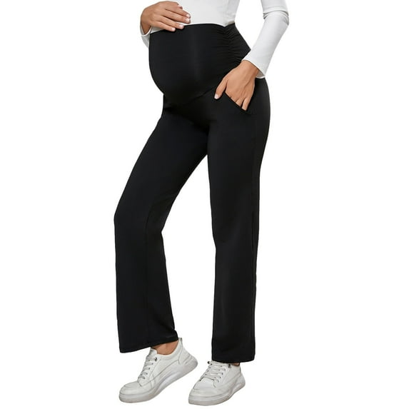 Women Maternity Flare Pants Over The Belly Work Pregnancy Pants Stretchy Wide Leg Trousers With Pockets