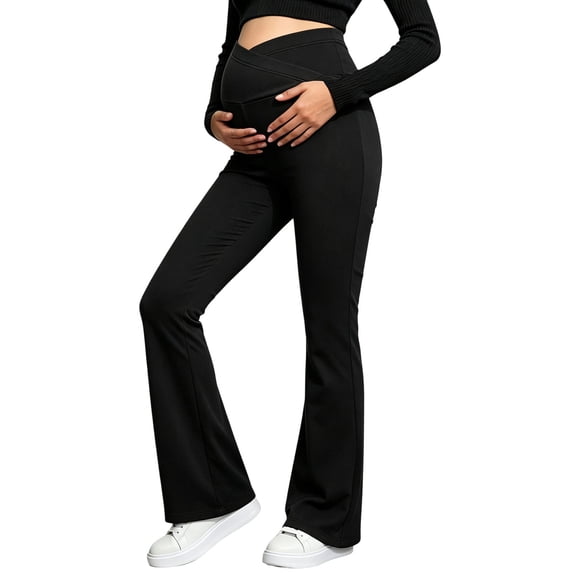 Women Maternity Flared Leggings Over The Belly Stretchy Pregnancy Yoga Trousers for Workout Activewear Black L
