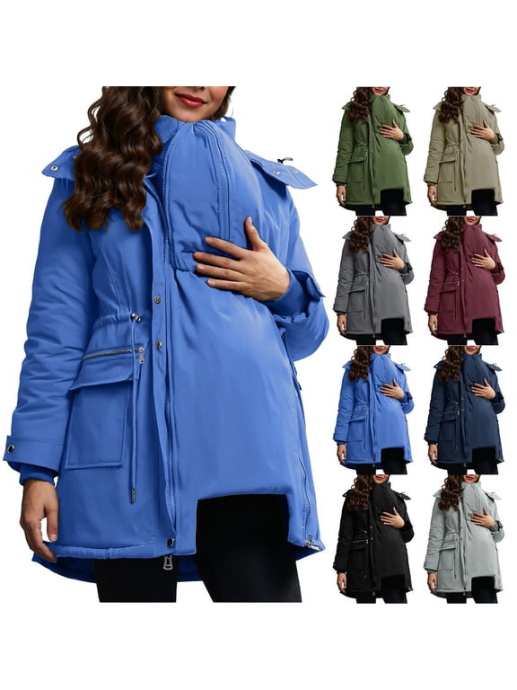 Women Maternity Hooded Parka Coat Sevevn Adjustable Waist Expandable Belly Panel Multi Pockets Warm Padded Outerwear for Winter Pregnancy Daily Wear