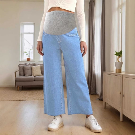 Women Maternity Jeans Over Belly Stretchy High Waist Wide Leg Denim Pants Casual Loose Pregnancy Pants Light Blue S