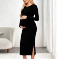 thumbnail image 1 of Women Maternity Long Sleeve Midi Dress Round Neck Side Ruched Split Bodycon Dress Black S, 1 of 6