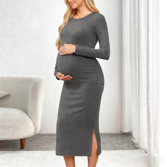 Women Maternity Long Sleeve Midi Dress Round Neck Side Ruched Split Bodycon Dress Gray M