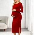 thumbnail image 1 of Women Maternity Long Sleeve Midi Dress Round Neck Side Ruched Split Bodycon Dress Red L, 1 of 6