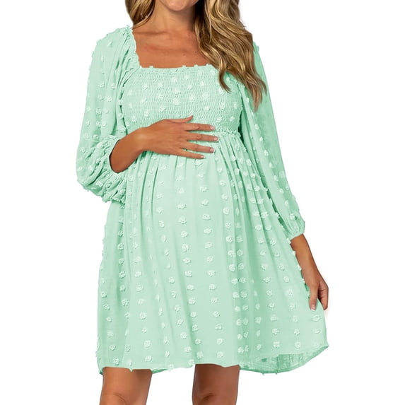 Women Maternity Long Sleeve Swiss Dot Square Neck Smocked Dress