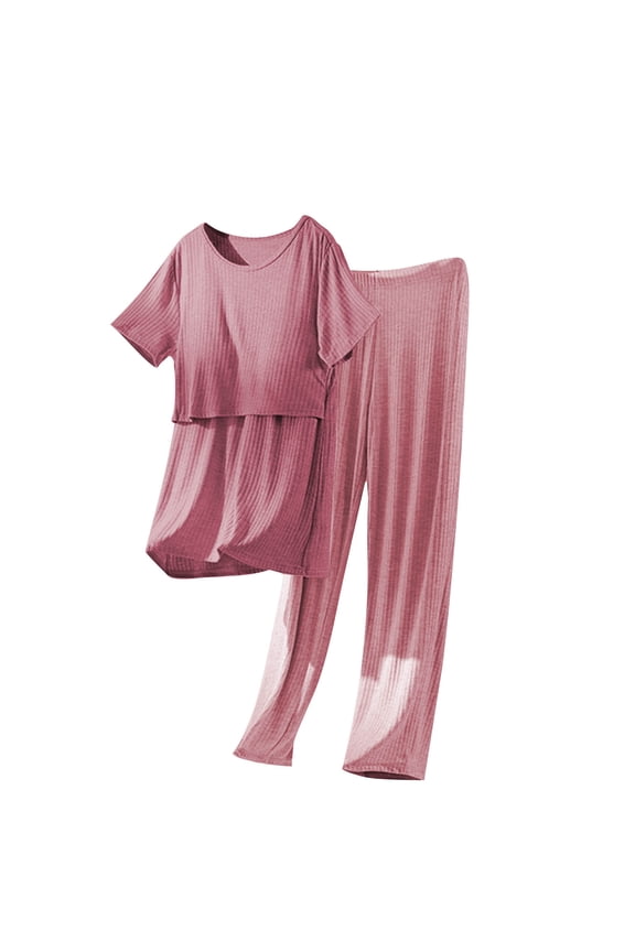Women Maternity Nursing Lounge Sets 2 Piece Ribbed Short Sleeve Tops and Pants Pregnancy Breastfeeding Pjs