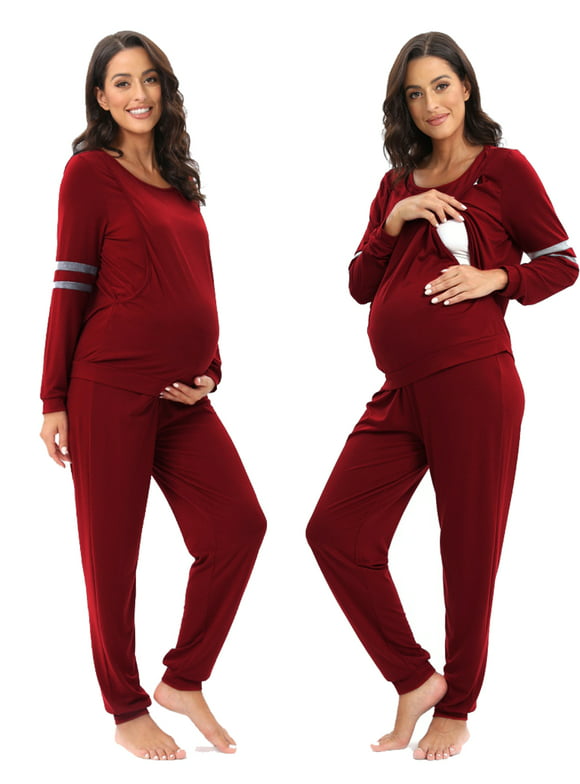 Women Maternity Nursing Pajama Set Breastfeeding Long Sleeve Top Long Pants Set Double Layer Pregnancy Pjs Sleepwear