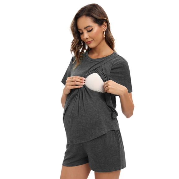 Women Maternity Nursing Pajama Set Breastfeeding Sleepwear Double Layer Short Sleeve Top & Adjustable Pregnancy Shorts