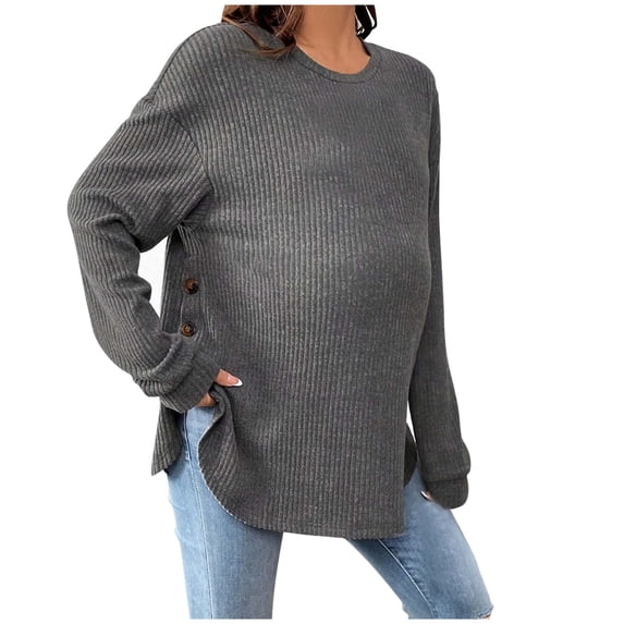Women Maternity Ribbed Knit Sweater Casual Crewneck Long Sleeve Pullover Pregnancy Shirts Lightweight Side Split Winter Warm Sweaters