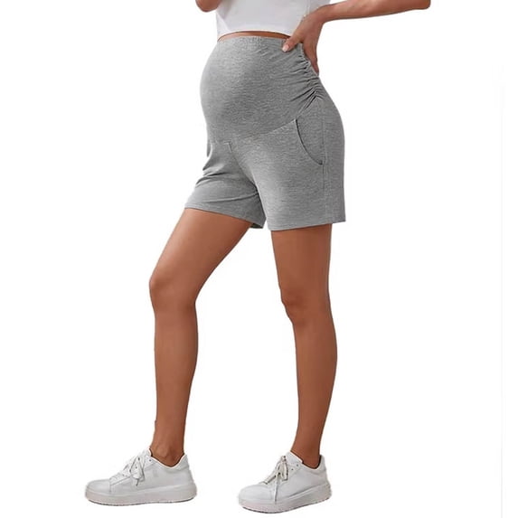 Women Maternity Shorts Over Belly Casual Soft Pregnancy Yoga Shorts Workout Stretchy Pants with Pockets Gray L