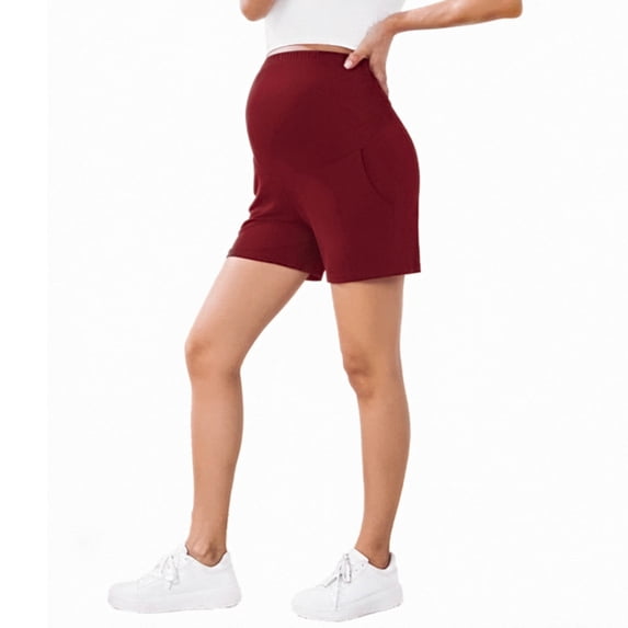 Women Maternity Shorts Over Belly Casual Soft Pregnancy Yoga Shorts Workout Stretchy Pants with Pockets Wine XL