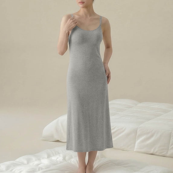 Women Maternity Slip Dress Solid Color Long Cami Slips Casual Lounge Built-in Bra Pregnancy Dress for Breastfeeding Gray S
