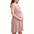 thumbnail image 1 of Women Maternity Solid Dress Summer Short Sleeve V-Neck Pleated Waist Dress Casual Breathable Pregnancy Clothes Pink XXL, 1 of 7
