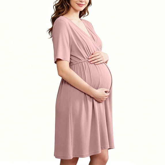 Women Maternity Solid Dress Summer Short Sleeve V-Neck Pleated Waist Dress Casual Breathable Pregnancy Clothes Pink XXL