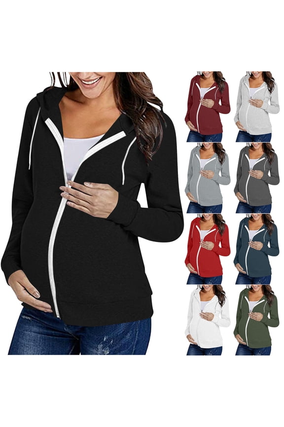 Women Maternity Sweatshirts Jacket Long Sleeve Full Zip Pregnancy Hoodie Lightweight Casual Loose Coat