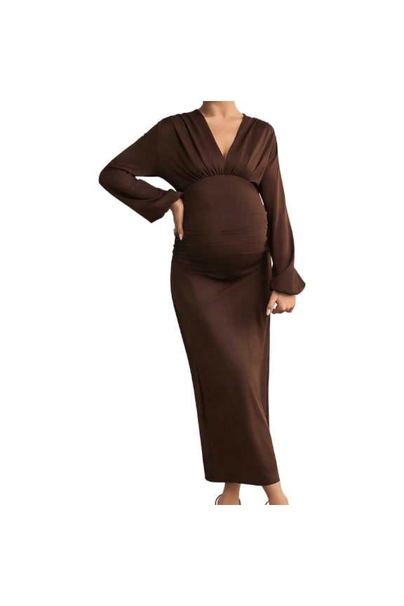 Women Maternity Wrap Dress V Neck Ruffle Sleeves Brown S