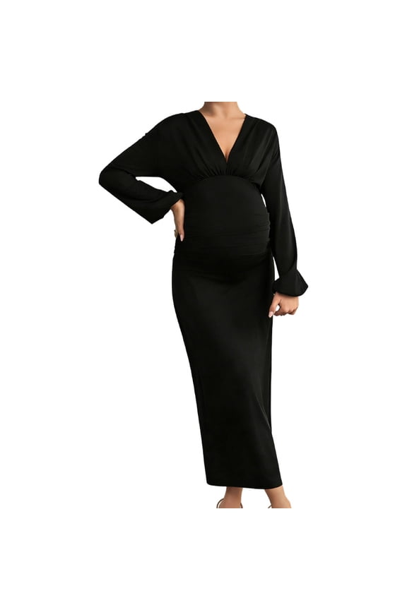 Women Maternity Wrap Dress V Neck Ruffle Sleeves