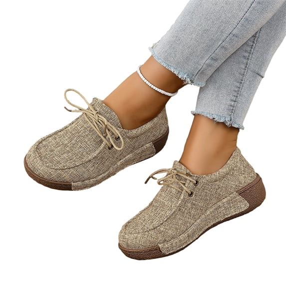 Women Matte Fabric Chunky Platform Lace Up Sneakers, Embossed Surface, Thick Cloud Cushion Insole, Deep Lug Anti Slip Outsole, Retro Dad Shoe Silhouette for Daily Outdoor Walking Errands,Khaki 6.5