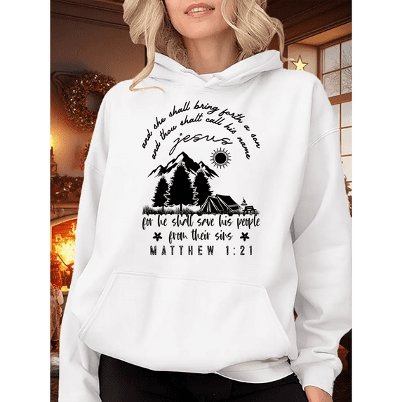 Women Matthew 1 21 White Faith Graphic Tee T Shirt Style Mountain Scene Design Top Fashion and Comfortable Hooded long-sleeved White S-2XL