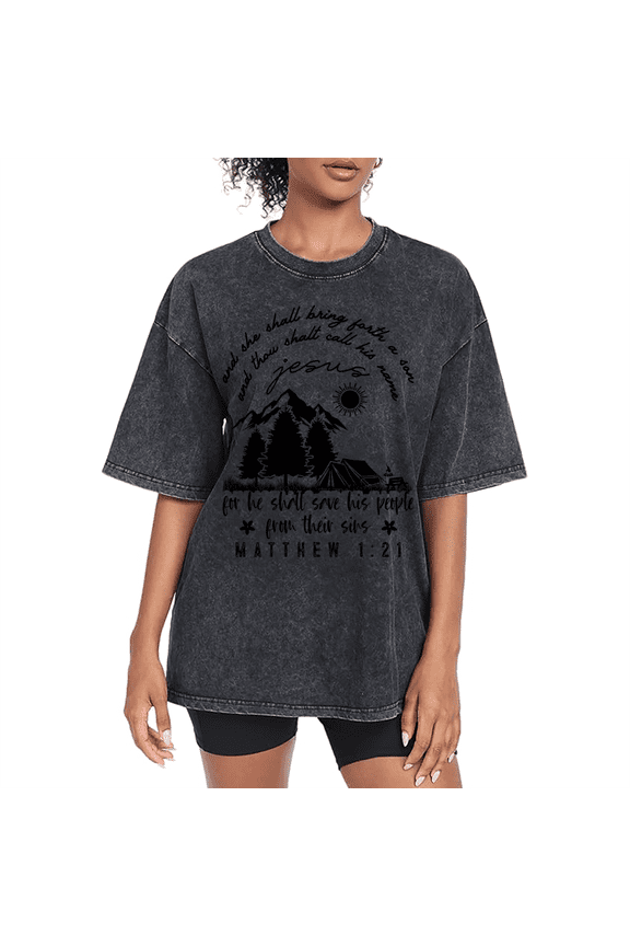 Women Matthew 1 21 White Faith Graphic Tee T Shirt Cotton Style Mountain Scene Design Suitable Top Short Sleeve Round Neck Black S-2XL Plus Size