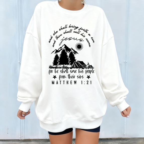 Women Matthew 1 21 White Faith Graphic Tee T Shirt Style Mountain Scene Design Top Fashion Casual Round-neck long-sleeved white S-3XL