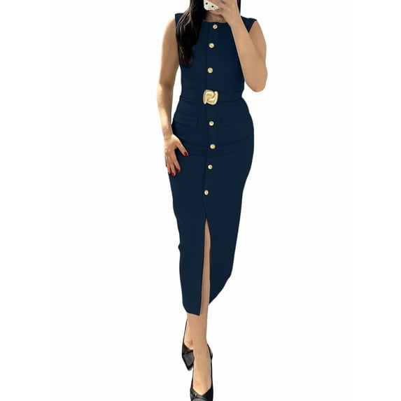 Women Maxi Dress Sleeveless Bodycon Long Tank Dresses Elegant Button Down Workwear Dress Dark Blue XXL