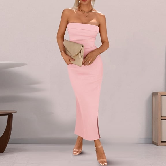 Women Maxi Dress Tube Top Side Slit Long Elegant Party Wedding Guest Dress Womens Work Dresses Business Casual Neck Dress Casual Summer Clothes for Women Backless Casual Dress Sports Dress for Women
