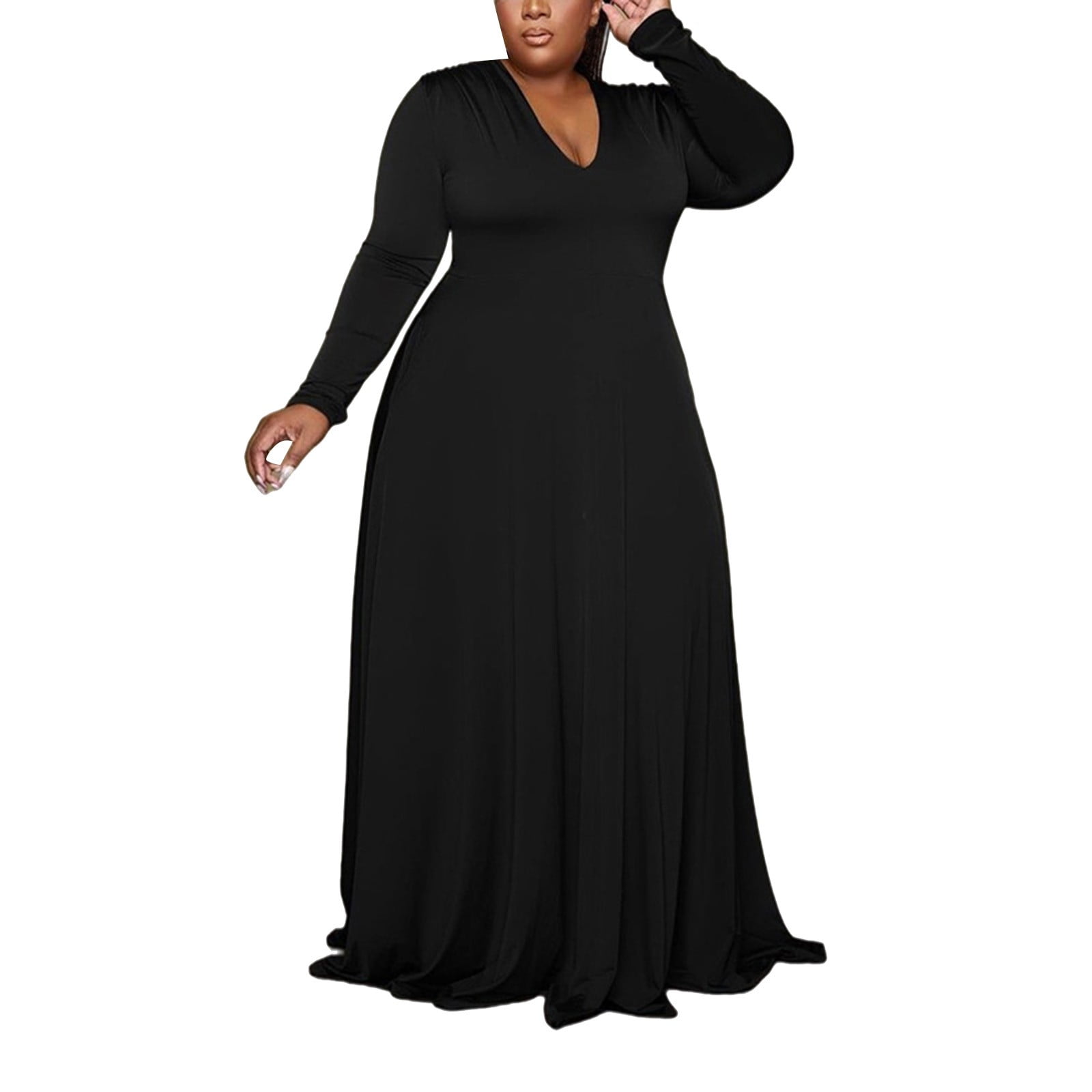 Women Maxi Dress V Neck Loose Long Large Heavy Woman Solid Color V Neck  Long Sleeve Floor Length Plus Size Autumn Mini Dress Black XXXXL