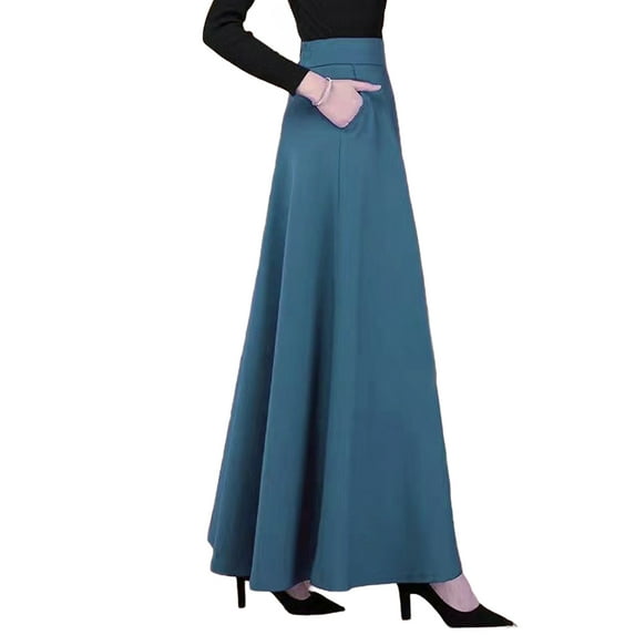 Women Maxi Skirt Elastic High Waist Large Hem A-Line Long Skirt with Pockets Solid Color Office Lady Skirt
