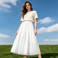 thumbnail image 1 of Women Maxi Skirt Elastic Waist Peasant A Line Flowy Swing Lace Skirt Long Lace Trim Pintuck Tier Skirt (White S), 1 of 5