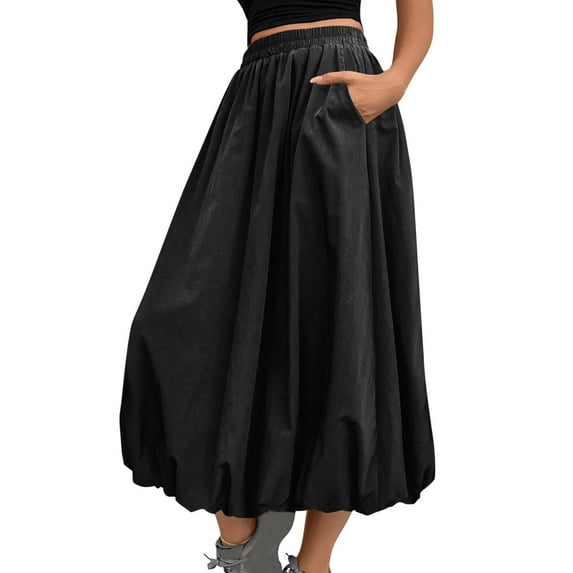 Women Maxi Skirt High Elastic Waist A Line Long Skirt Summer Casual Ruffle Pleated Midi Skirts
