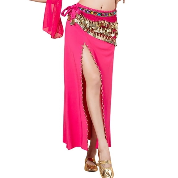 Women Maxi Skirts Elegant Belly Dance High Waist Fitted Long Slit Practice Stage Shows Hot Pink Skirt One Size