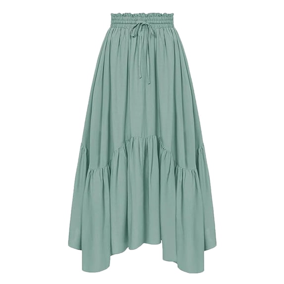 Women Maxi Skirts Renaissance Costume Pleated Smocked Skirts Solid Color Elastic High Waist Summer Boho Skirt