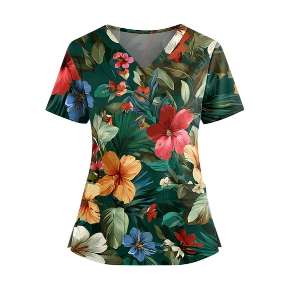 Women Medical Uniform Workwear V Neck Short Sleeve Printed Scrub Top with Pattern Comfortable Fit