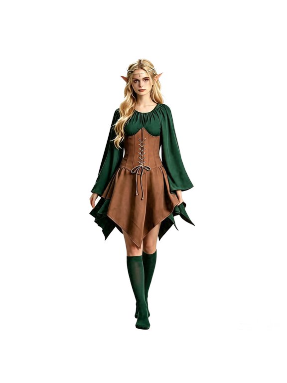 Women Medieval Elf Style Short Dress, 5‑Piece Set With Flared Bell Sleeves, Irregular Hem Vintage Dress for Halloween Themed Gathering Evening Events
