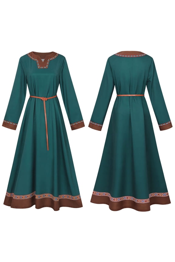 Women Medieval Halloween Maxi Dress V Neck Long Sleeve Dress Renaissance Embroidered Trim With Matching Belt Soft Stretch Cosplay Costume For Ladies Masquerade Party Wear