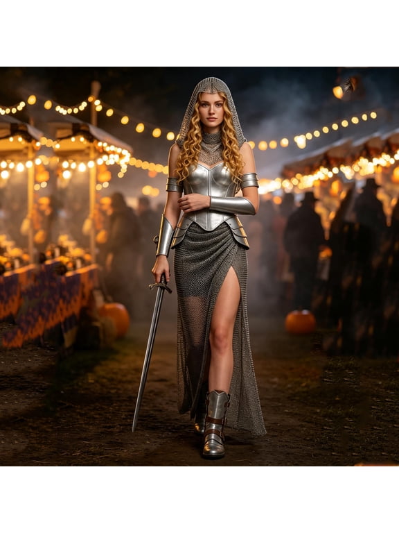 Women Medieval Knight Warrior Costume, Silver Armor Corset & Chainmail Skirt with Hood, Renaissance Knight Outfit for Halloween Cosplay, Party Costume for Women
